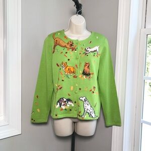 Michael Simon Fall Theme Leaves Dogs Cardigan ~ Women’s Medium